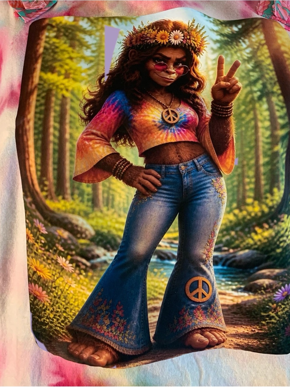 Hippie Bigfoot Tie-Dye Graphic Tee with Peace Sign